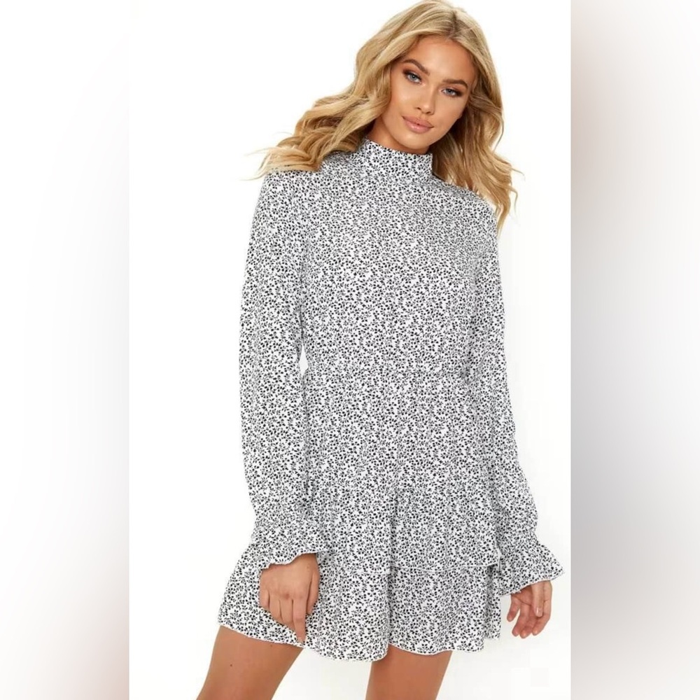 PrettyLittleThing White Ditsy Leaf Print High Neck Tiered Shift Dress